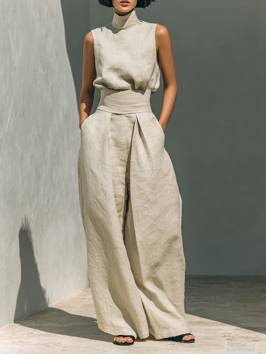 M&H | Sleeveless High-Neck Top & Wide-Leg Pants Set