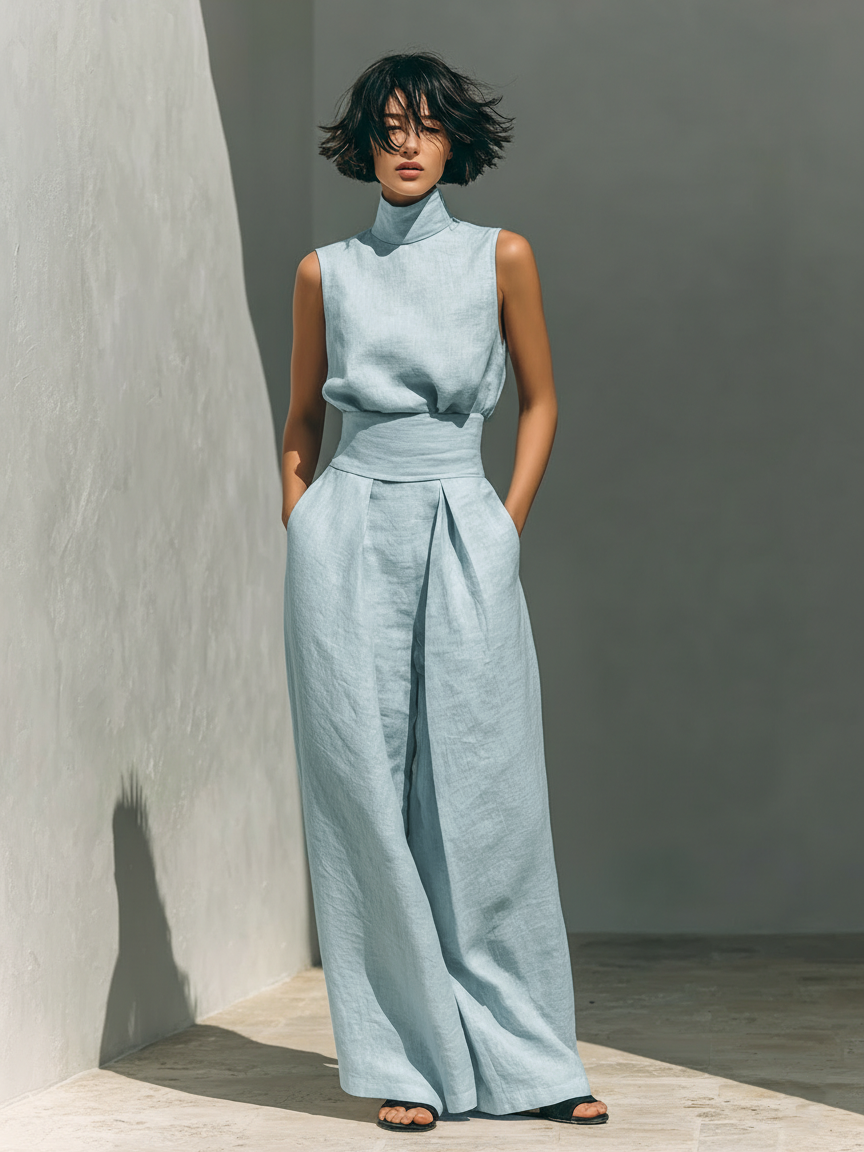 M&H | Sleeveless High-Neck Top & Wide-Leg Pants Set