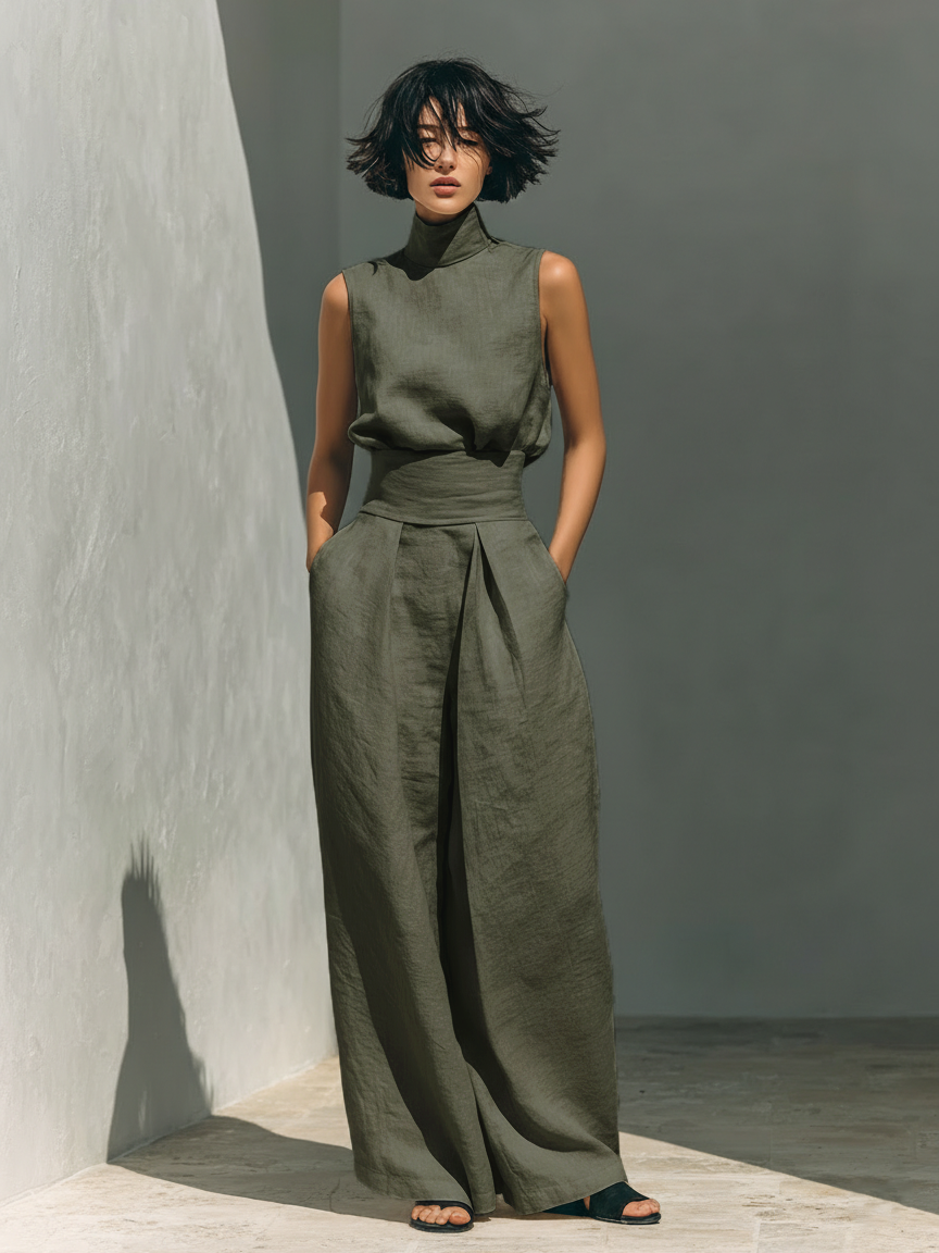 M&H | Sleeveless High-Neck Top & Wide-Leg Pants Set