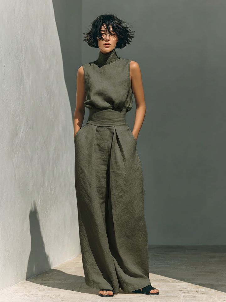 M&H | Sleeveless High-Neck Top & Wide-Leg Pants Set