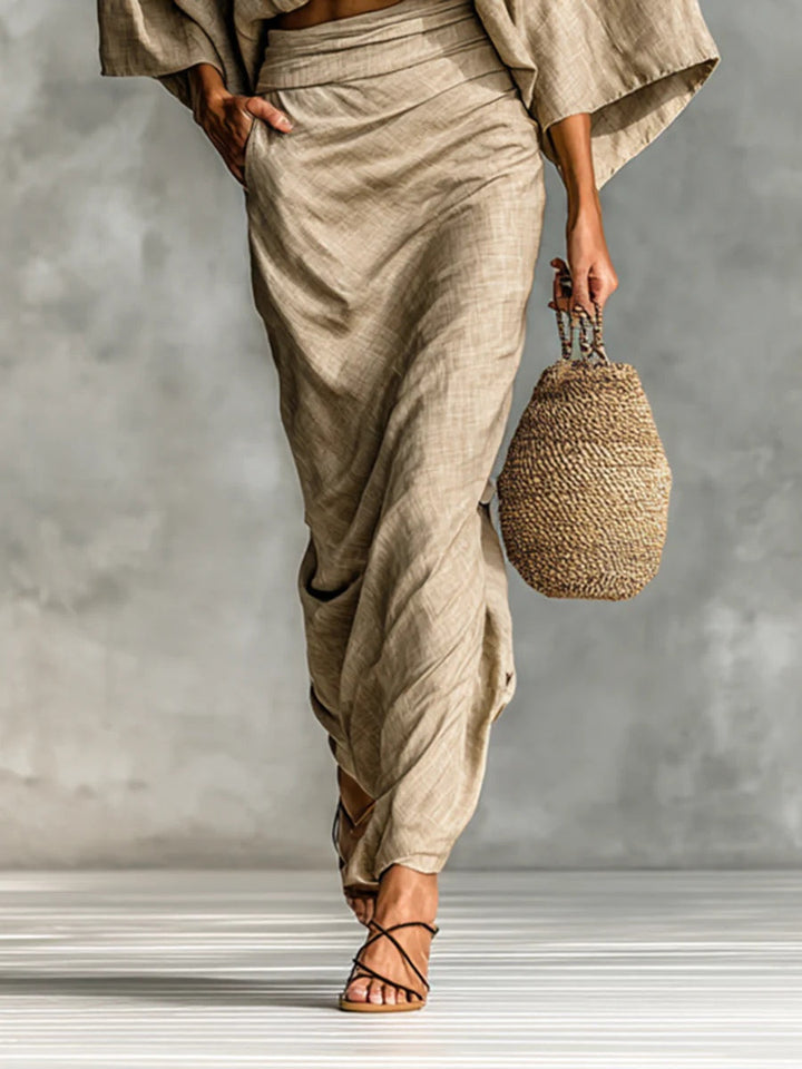 M&H | Two-Piece Skirt Set with Batwing Sleeve Top