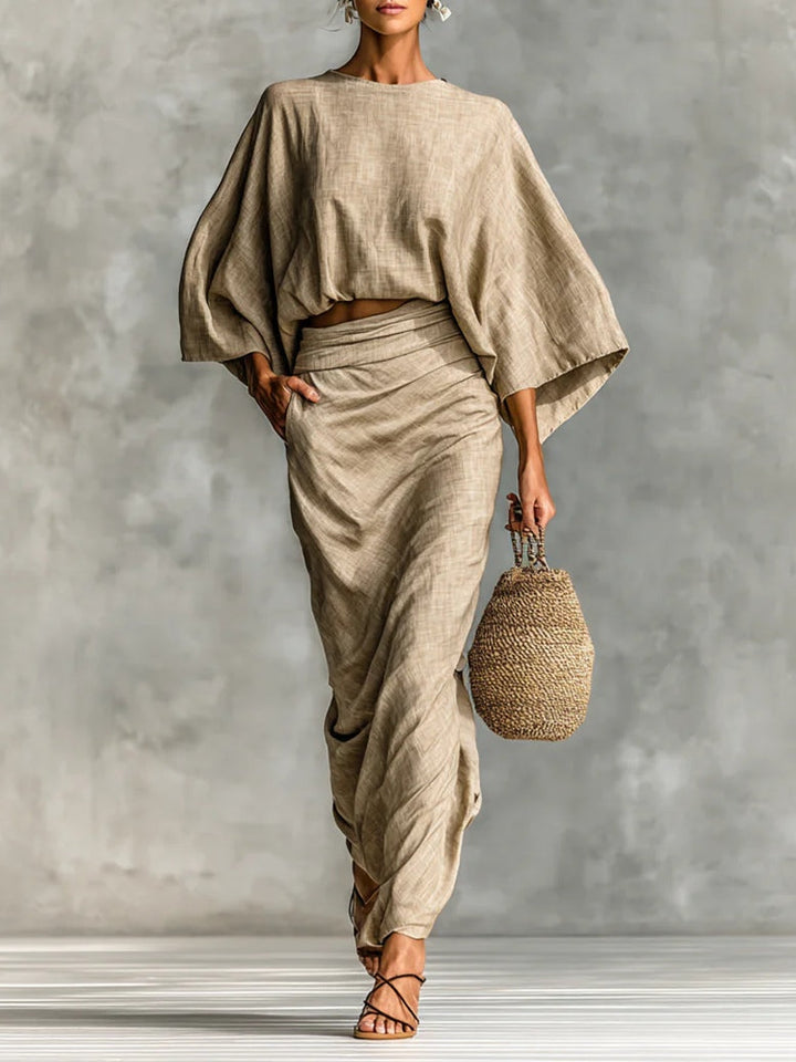 M&H | Two-Piece Skirt Set with Batwing Sleeve Top